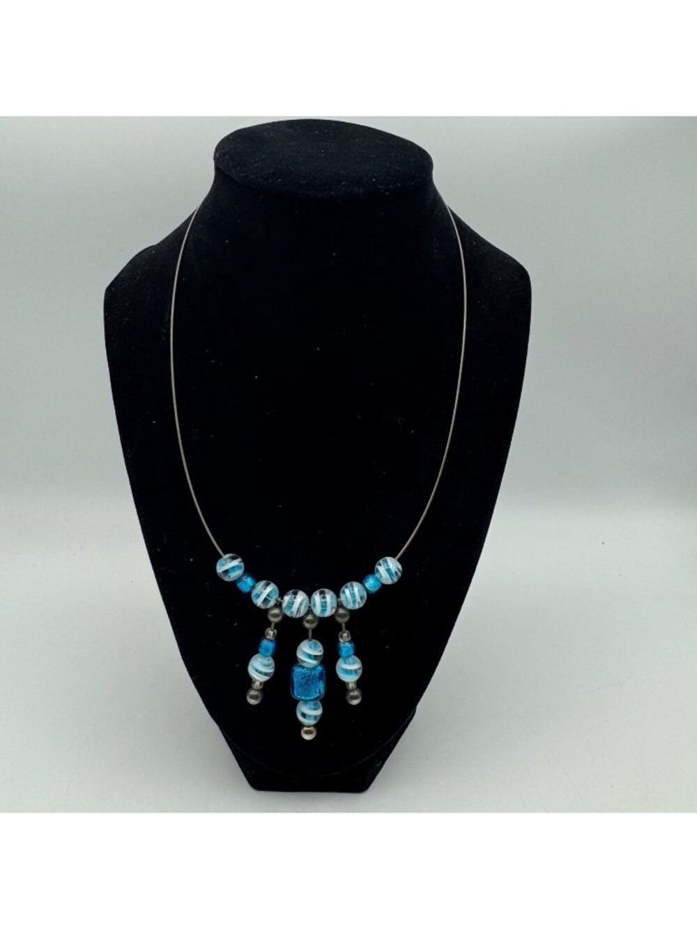 Blue Glass Bead Necklace With Silver Wire & Lobster Clasp Pendant Design